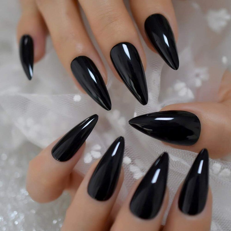EchiQ Sharp Pointed Fake Nails Black Gelnails Medium-Long Size Real Stiletto Point Acrylic Nail Tips 24 - Image 5